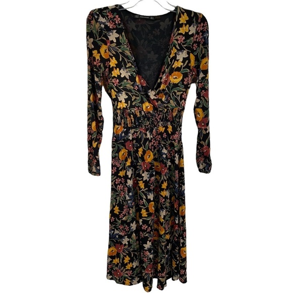 Zara Trafaluc Collection V-Neck Long Sleeve Floral Multicolored Midi Dress  Sz S - Picture 1 of 16